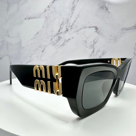 MIU MIU Sunglasses New Black Acetate Gold Metal Logo Square Cat Eye Authentic - Picture 16 of 16